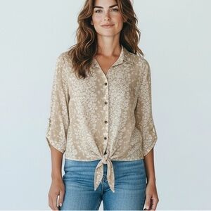 Tan and White Floral Print Button Front Blouse‎